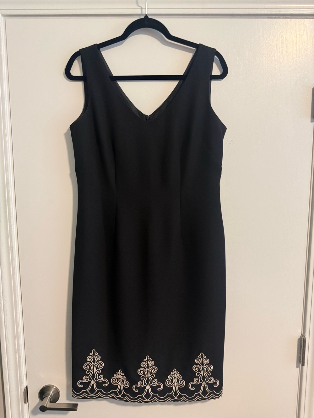 Positive Attitude Black Sleeveless Sheath Dress with Cream Embroidery